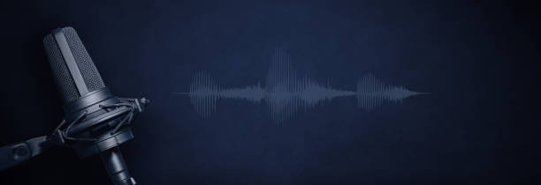 istock Recording studio microphone with audio waveform and copy space on dark blue background. Broadcasting or podcasting website banner. 1446940466