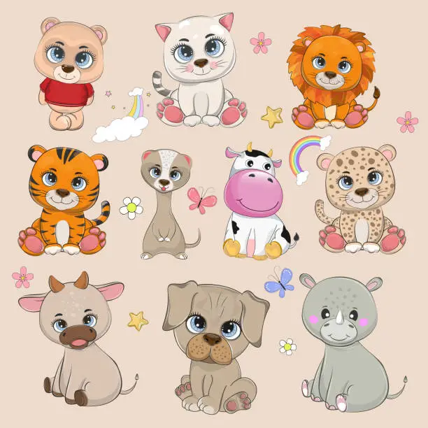 Vector illustration of Big set cute funny cartoon animals on a white background.