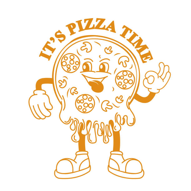 Funny character, delicious cartoon pizza time in retro style. Funny character, delicious cartoon pizza time in retro style. Poster flat style. Vector illustration pepperoni pizza drawing stock illustrations