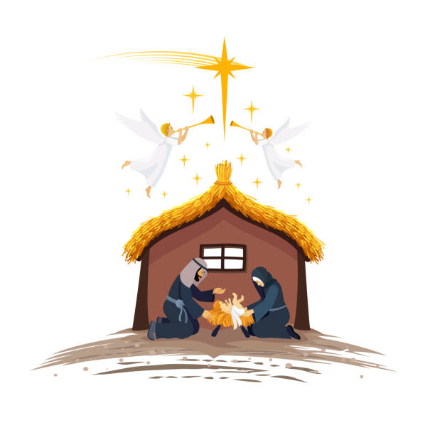 ilustraciones, imágenes clip art, dibujos animados e iconos de stock de noche santa. noche de navidad. nacimiento de jesús. - star of bethlehem