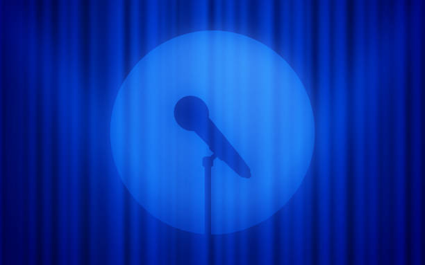 Microphone Stage Performance Stand Up Comedy Spotlight Background Spotlight stand up comedy performance show blue curtain stage background. comedian stock illustrations