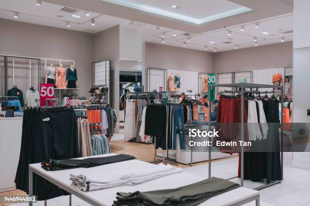 Female Clothing Store Retail Display In Shopping Mall With Discount Sales Tag Stock Photo - Download Image Now