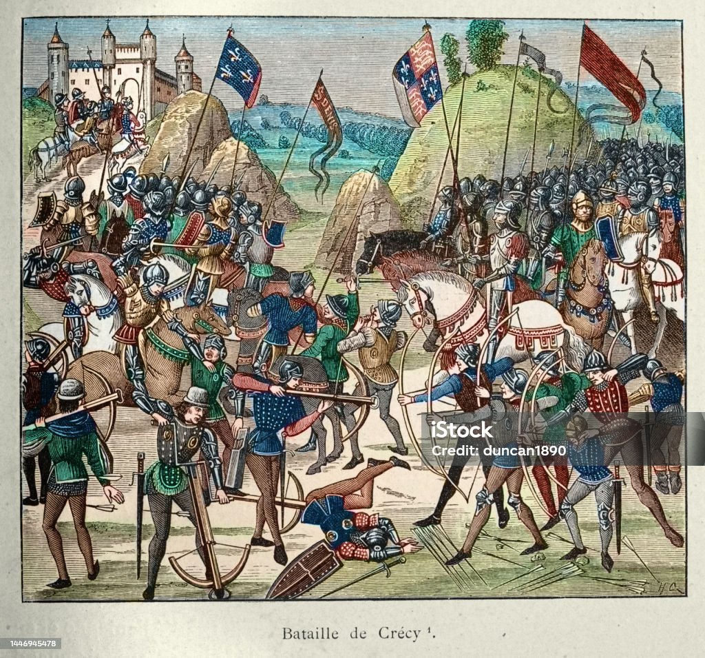 Battle of Crécy 26 August 1346 in northern France between a French army commanded by King Philip VI and an English army led by King Edward III Vintage illustration Battle of Crécy 26 August 1346 in northern France between a French army commanded by King Philip VI and an English army led by King Edward III. Hundred Years War stock illustration