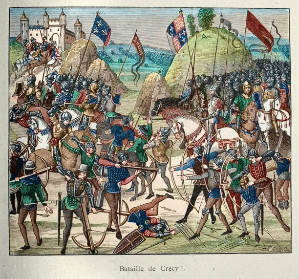 Battle of Crécy 26 August 1346 in northern France between a French army commanded by King Philip VI and an English army led by King Edward III Vintage illustration Battle of Crécy 26 August 1346 in northern France between a French army commanded by King Philip VI and an English army led by King Edward III. circa 14th century stock illustrations