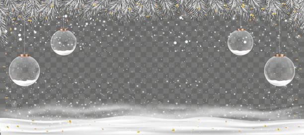 illustrazioni stock, clip art, cartoni animati e icone di tendenza di sfondo della scena invernale con la palla di natale e il bordo dell'albero dei rami, ornamenti 3d snow globe crystal appeso con aghi di abete ghirlanda con neve, biglietto di auguri di natale, striscione di capodanno, intestazione, poster - palla dellalbero di natale