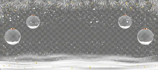 Vector illustration of Winter Scene background with Christmas ball and Branches tree Border,Ornaments 3d Snow Globe Crystal hanging with Fir needles garland with snow,Christmas greeting card,New year banner, header, poster