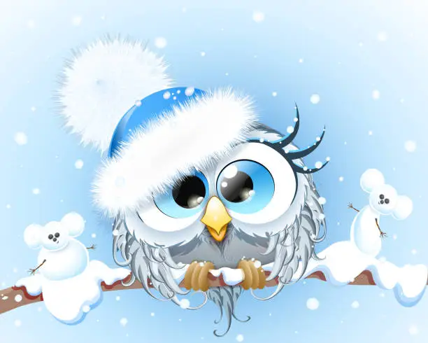 Vector illustration of winter Owl with mouse snowmans