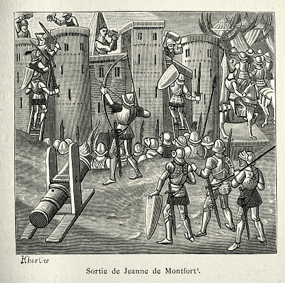 Vintage illustration Medieval warfare, Joanna of Flanders, Jeanne de Montfort, Defending the walls of her castle France 19th Century. In the siege of Hennebont, she took up arms and, dressed in armour, conducted the defence of the town, encouraging the people to fight, and urging the women to 