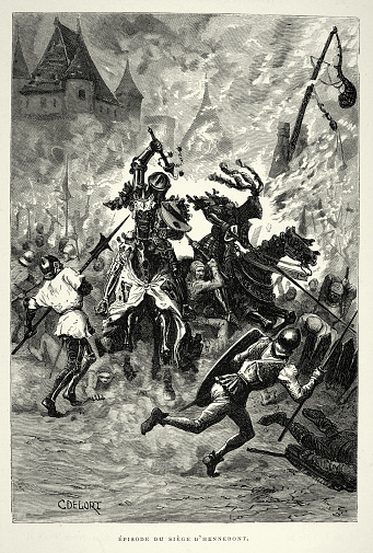 Vintage illustration Medieval warfare, Siege of Hennebont 1342, Knights charging infantry soldiers, trying to break the siege. The siege of Hennebont of 1342 was an episode of the War of the Breton Succession. The forces of Charles of Blois kept Jeanne of Flandre in the city, while they waited for English reinforcements. The arrival of these reinforcements in June 1342 provoked the lifting of the siege.