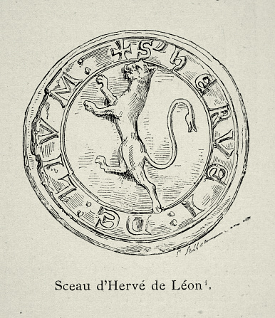 Vintage illustration Medieval seal of Herve de Leon, French 13th Century