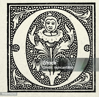 istock Vintage illustration Medieval style Capital letter O, Pixie emerging from a flower 1446946205