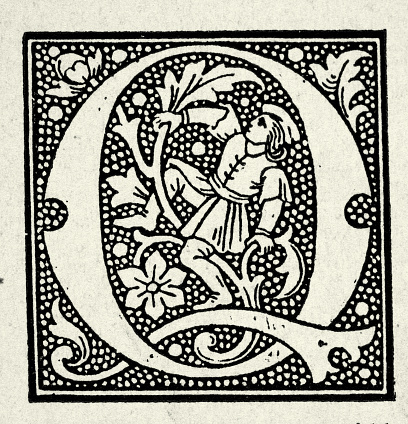 Vintage illustration Ornate medieval style capital letter Q,  Man entangled