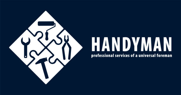 Handyman concept in blue.Professional services of a universal foreman. Workshop, repairman services, carpenter, any type of repair of home: hammer, pliers, wrench, paint roller. Vector EPS10. Handyman concept in blue.Professional services of a universal foreman. Workshop, repairman services, carpenter, any type of repair of home: hammer, pliers, wrench, paint roller. Vector EPS10. handyman stock illustrations