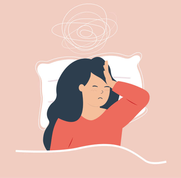 Woman lying on bed and has difficulty to sleep at night due to headache. Person has insomnia and negative entangled thoughts. Woman lying on bed and has difficulty to sleep at night due to headache. Person suffers from insomnia, nightmares and negative tangled thoughts. Mental health and sleeplessness disorders. night hospital bed stock illustrations