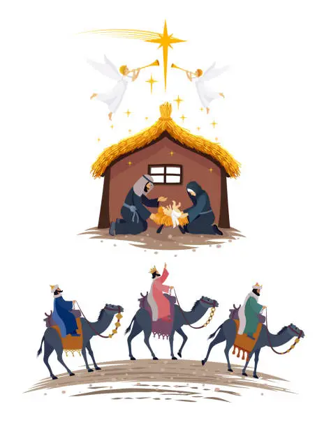 Vector illustration of Holy Night Poster. Christmas night. Birth of Jesus. Three wise men.