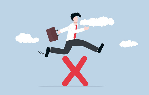 Learning from mistake for career growth or being more professional, overcoming failure to become  master, knowledge seeking behavior concept, Businessman trying to jump through red cross sign.
