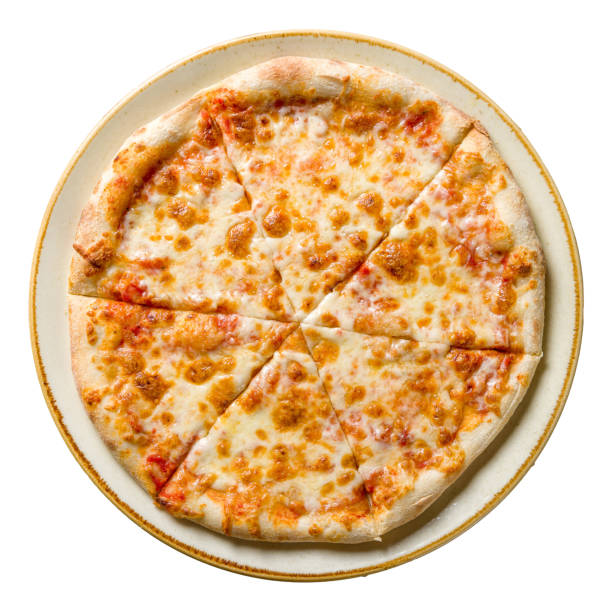 白い背景にイタリアのピザマルゲリータの上面図 - foods and drinks isolated on white basil cooked ストックフォトと画像