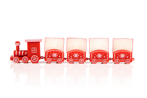 Red toy train with copy space isolated on white