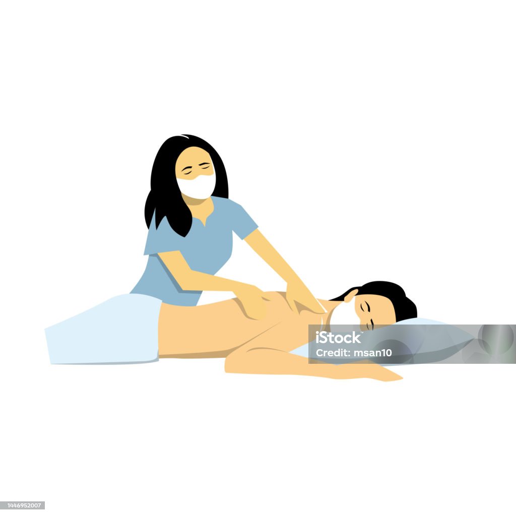 Massage du dos avec respiratoire, service de bien-être, personnes portant des masques médicaux. Illustration plate de vecteur de conception. Jeune femme avec le masque de visage obtenant un massage, prévention - clipart vectoriel de Adulte libre de droits Massage du dos avec respiratoire, service de bien-être, personnes portant des masques médicaux. Illustration plate de vecteur de conception. Jeune femme avec le masque de visage obtenant un massage, prévention - clipart vectoriel de Adulte libre de droits