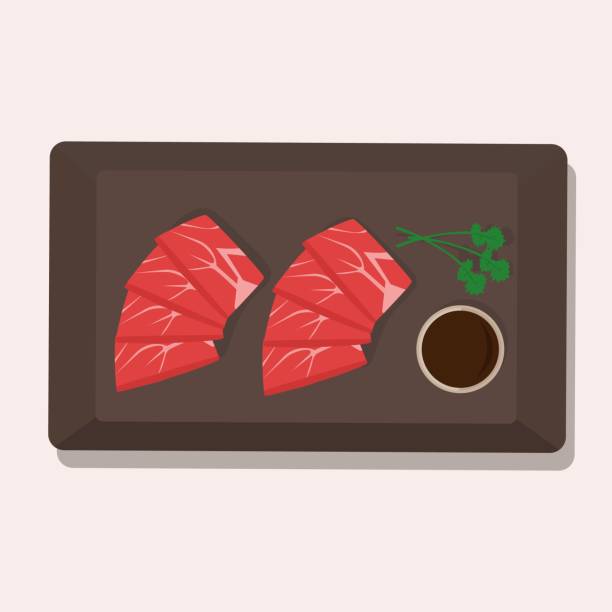 illustrazioni stock, clip art, cartoni animati e icone di tendenza di cucina nazionale giapponese, shabu-shabu su un piatto con salsa di soia. illustrazione vettoriale. - chef lunch food gourmet