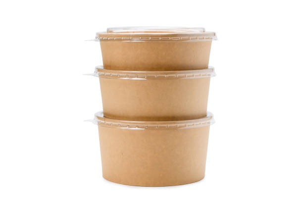 istock Three round boxes for hot food on a white isolated background. Eco-friendly paper tableware for food delivery. 1446955413