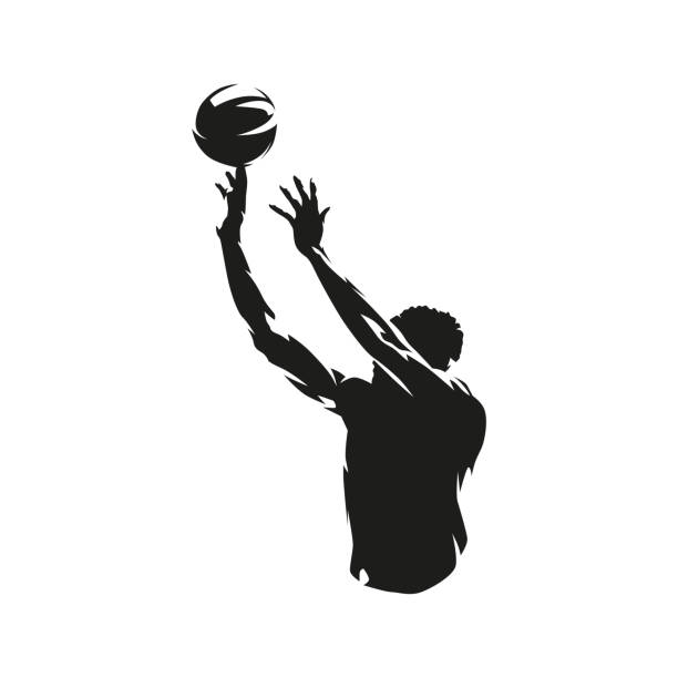 illustrazioni stock, clip art, cartoni animati e icone di tendenza di giocatore di basket che spara palla, colpo di salto. abstract vettore isolato silhouette - jump shot