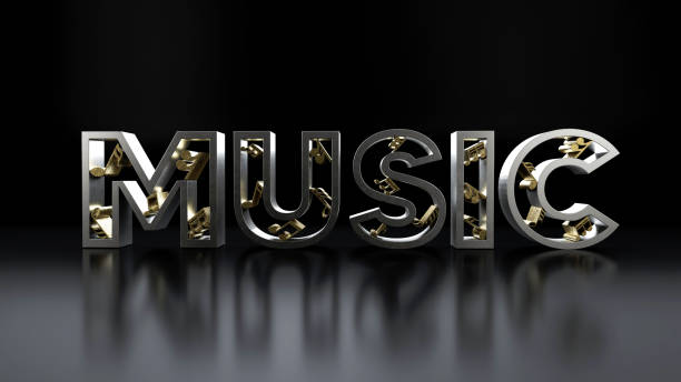 istock 3d metallic music text containing gold music notes, on red background.3d render illustration. 1446957289