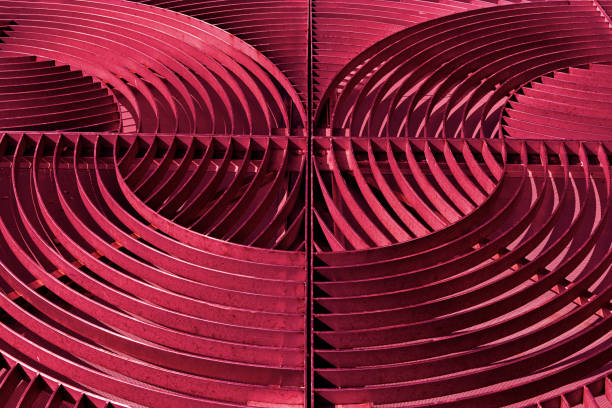 Trendy abstract metal geometric curves line. Minimal concept. Modern futuristic circle design elements. Image toned in color of the year 2023 viva magenta