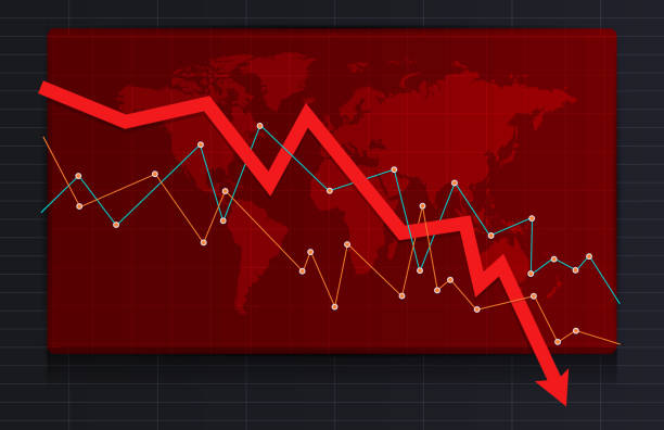 The red arrow above the world map shows the global crisis and inflation vector art illustration