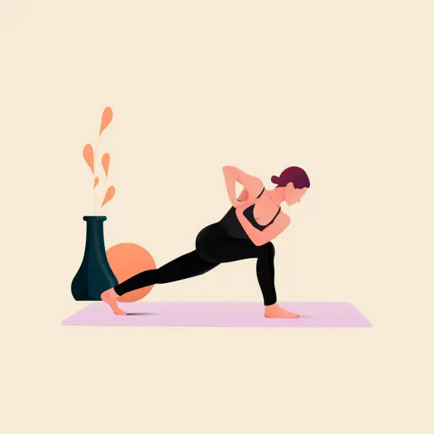 Vector illustration of Young woman practicing yoga, standing in Parsvakonasana pose, Side Angle