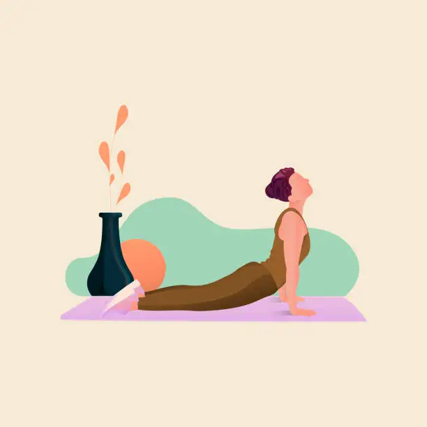 Vector illustration of Woman practicing yoga in various poses. Cobra pose, Bhujangasana exercise