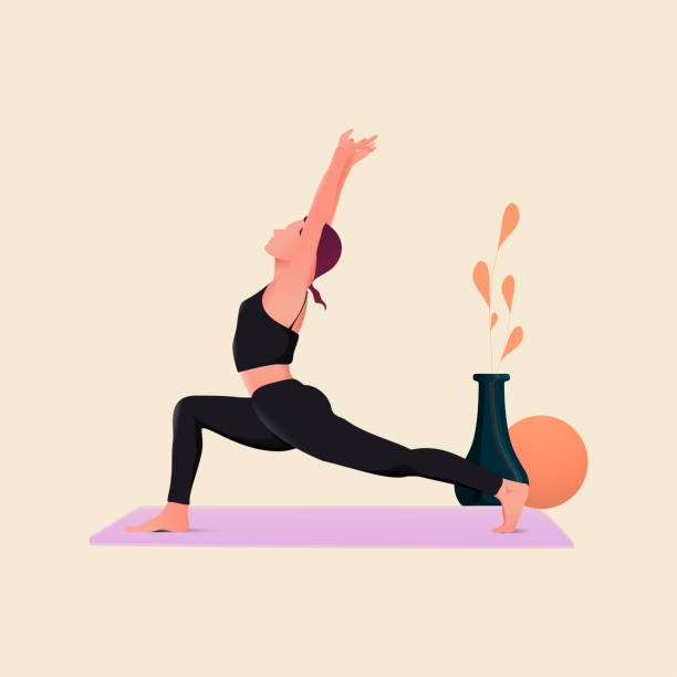 Sporty woman practicing yoga, standing in anjaneyasana pose, Horse rider Working out, wearing sportswear, pants and top, indoor full length. headstand stock illustrations