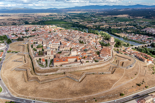 Panoramic aerial view of Ciudad Rodrigo in the province of Salamanca Spain, on the right the Roman bridge over the Agueda river