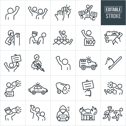 A set of protest and riot icons that include editable strokes or outlines using the EPS vector file. The icons include a protestor with fist in the air, two protestors at a protest with fits raised, fist raised in protest with a hand gesturing 