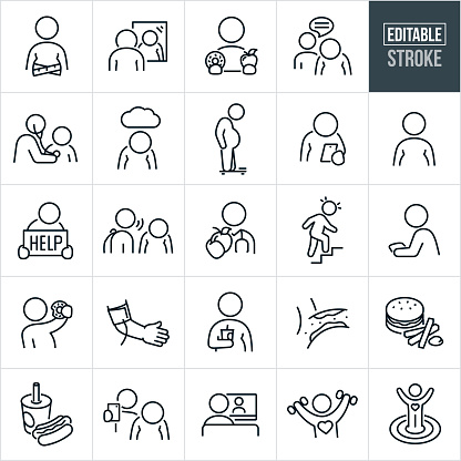 A set of childhood and youth obesity icons that include editable strokes or outlines using the EPS vector file. The icons include an overweight child with tape measure around waist, overweight child looking at himself in the mirror with head down due to poor self image, obese child, overweight child being bullied because of his weight, doctor checking the heart of an obese child using as stethoscope, obese child standing on weight scale, overweight adolescent being cyberbullied from smartphone because of his weight, youth holding a donut in one hand and an apple in the other, overweight teenager holding a 