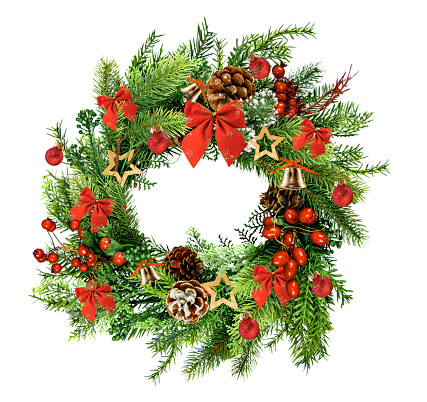Christmas Wreath with Red Holly Berries, Pine Cones, Bows and Xmas Ornaments