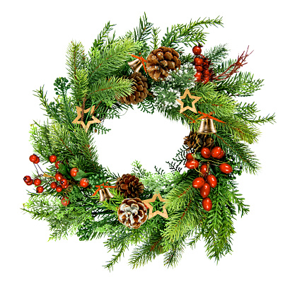 Christmas Wreath with Red Holly Berries, Pine Cones and Ornaments