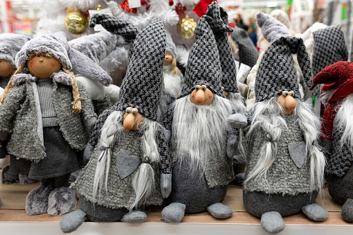 Stuffed toys Christmas gnomes on holiday sale. Christmas tree decor, New Year's gift