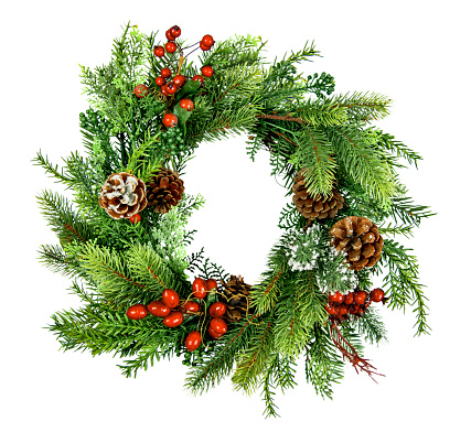 Christmas Wreath with Red Holly Berries, Pine Cones and Ornaments