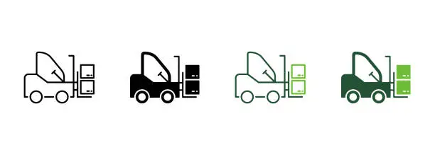 Vector illustration of Forklift Truck Silhouette and Line Icon. Fork Lift on Warehouse Pictogram. Cargo Machine Loader Icon. Delivery Service Vehicle Transportation Equipment. Editable Stroke. Isolated Vector Illustration