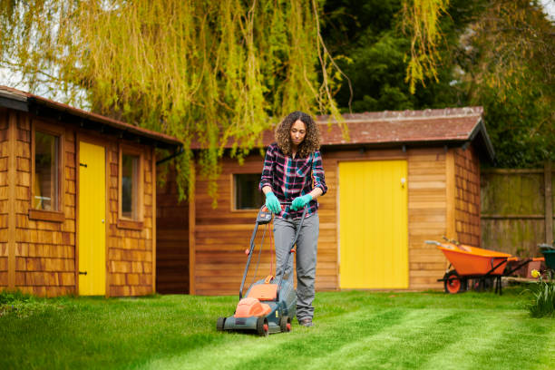 istock female gardener mowing the lawn 1446966220