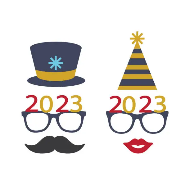 Vector illustration of Party glasses and greetings decorated with a hat and stars, ready to be used in New Year's Eve party for 2023.
