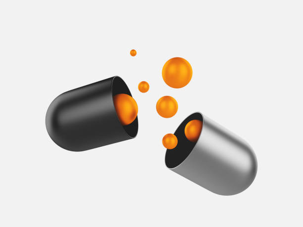 ilustraciones, imágenes clip art, dibujos animados e iconos de stock de ilustración 3d relacionada con el uso de medicamentos. círculos naranjas que salen de la cápsula de la píldora. - pill capsule nutritional supplement vitamin pill