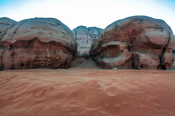 Red sand desert at sunny summer day in Wadi Rum, Jordan. Middle East. UNESCO World Heritage Site and is known as The Valley of the Moon.