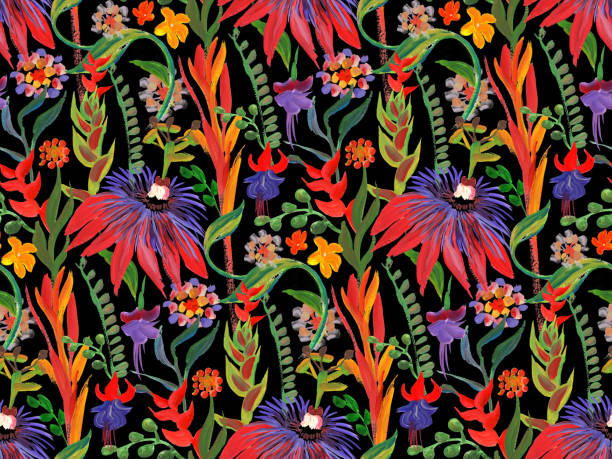 istock Seamless art pattern with bright tropics in red flowers painted with gouache in dry brush 1446973755