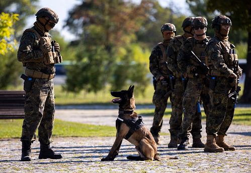Man in military uniform with German shepherd dog outdoors, closeup