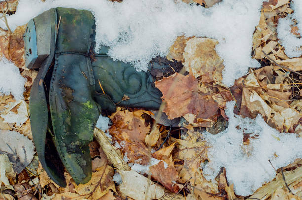 An old boot rots away on the forest floor in the winter