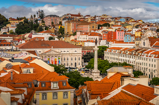 aerial view to a Obelisk at Rossio Square in Lisbon