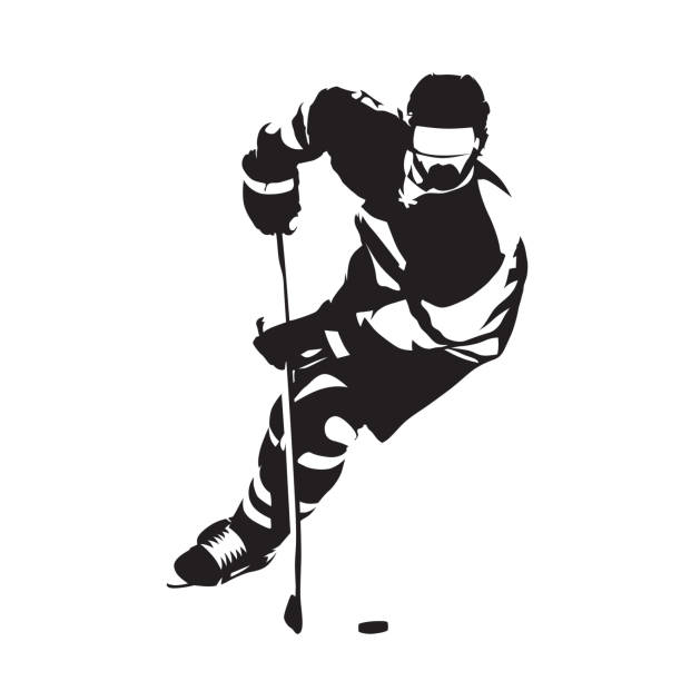 illustrations, cliparts, dessins animés et icônes de joueur de hockey sur glace patinant avec la rondelle, vue avant. illustration de vecteur d’isolement abstraite, logo de sport d’équipe d’hiver - ice hockey illustrations