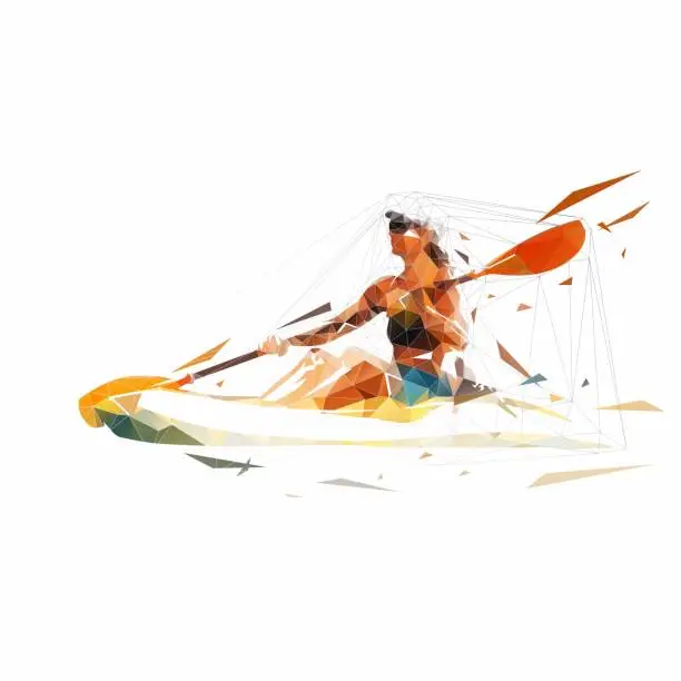 Vector illustration of Woman on canoe, isolated vector low polygonal illustration. Abstract geometric drawing. Kayaking water sport from triangles